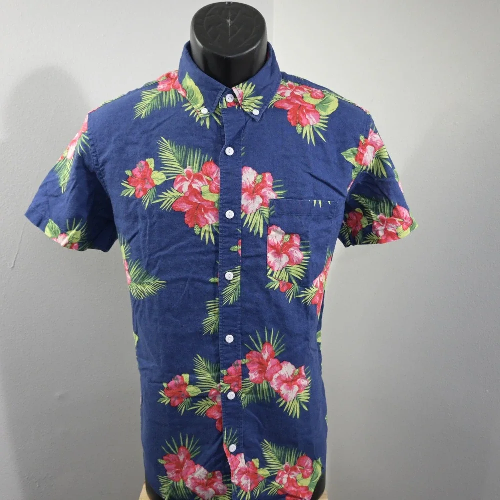 J.Crew Button Up Short Sleeve Shirt Mens M Slim Blue Floral Cotton Linen E8666